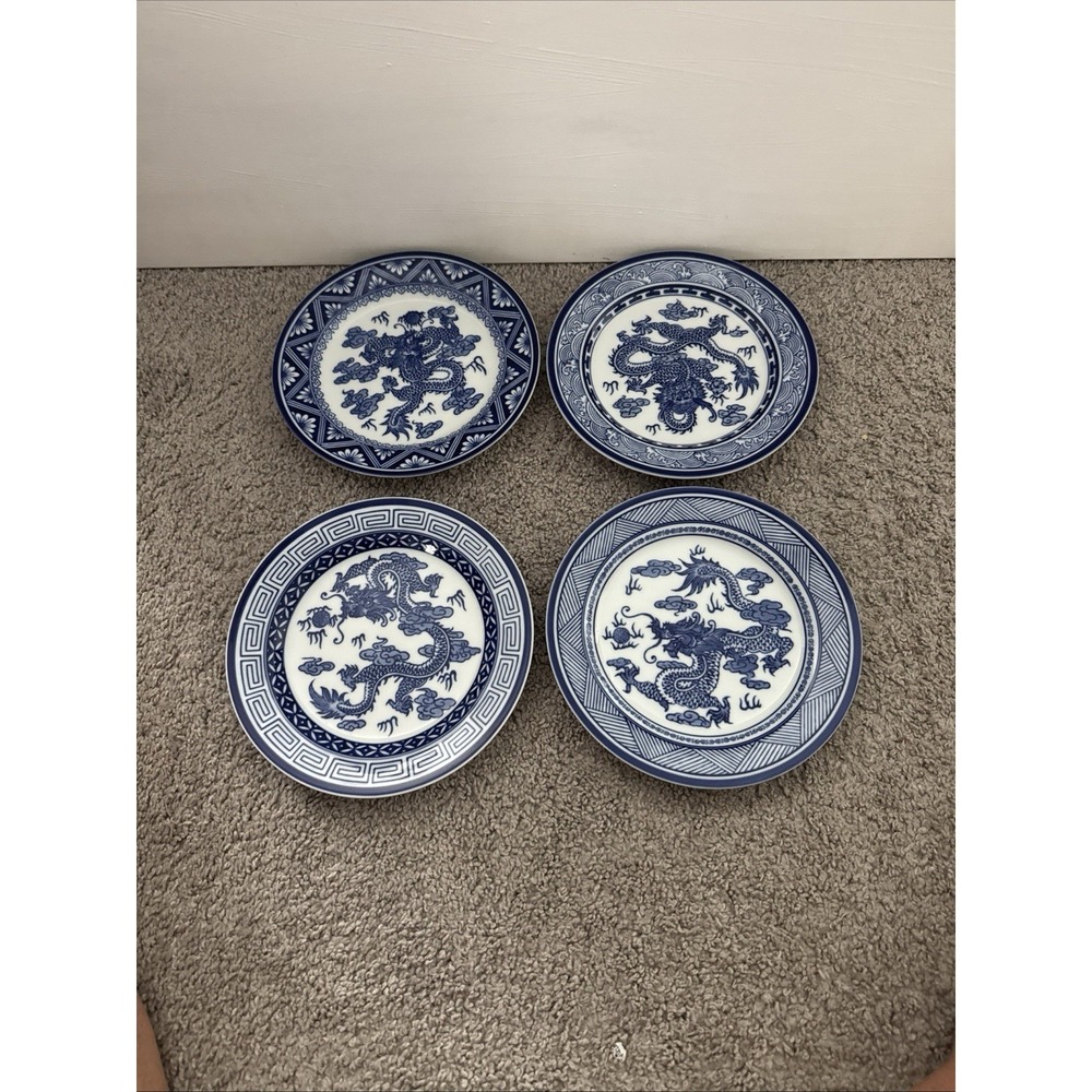Bombay Asian Garden Dragon Motif Blue White Porcelain Plates  7-1/2"- Set Of 4